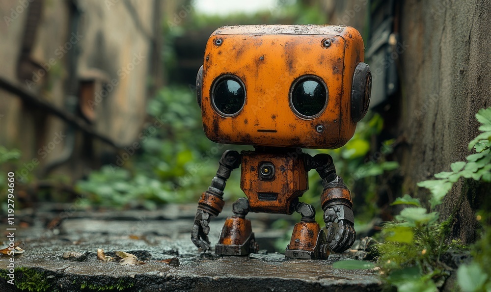 Miniature robot exploring a mossy pathway in an overgrown area Miniature robot exploring a mossy pathway in an overgrown area