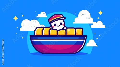 Playful character on a colorful boat fantasy world digital art bright environment whimsical concept