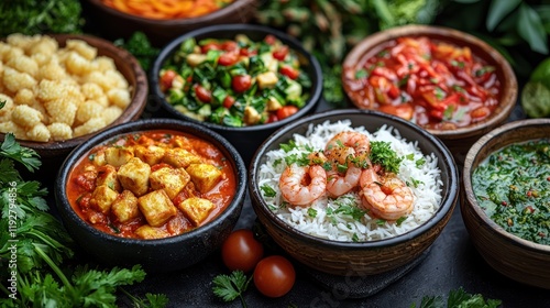 Wallpaper Mural A vibrant display of various dishes including shrimp, rice, and vegetables, set on a rustic table Torontodigital.ca