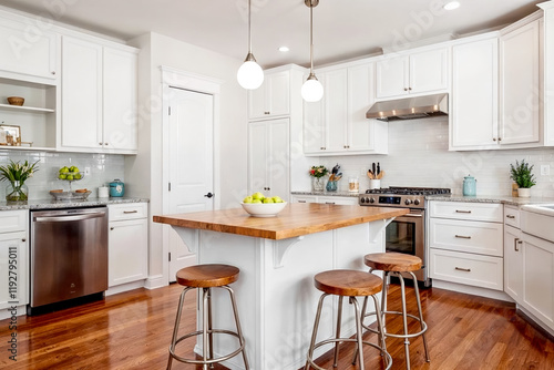 Bright Modern Kitchen with White Cabinets, Butcher Block Island, Pendant Lights, and Hardwood Flooring photo