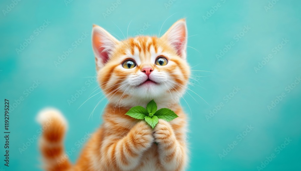 Cute Ginger Kitten with Fresh Mint Leaves Cute Ginger Kitten with Fresh Mint Leaves