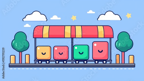 Happy colorful train animation at a station fun graphic design bright and playful environment