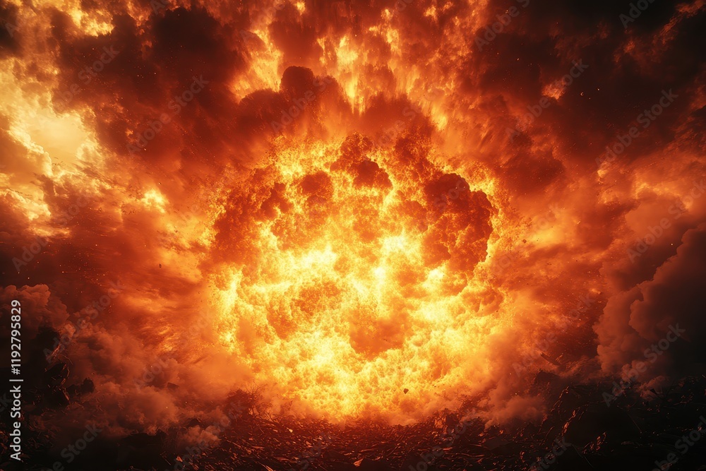 Obraz premium Dramatic Fiery Explosion with Intense Flames and Smoke in a Dark Sky Capturing the Power and Energy of a Massive Blast