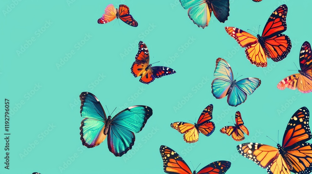 A blue background with many butterflies of different colors and patterns. A blue background with many butterflies of different colors and patterns.