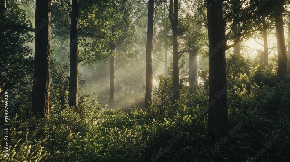 Obraz premium Sunbeams Filtering Through a Misty Forest