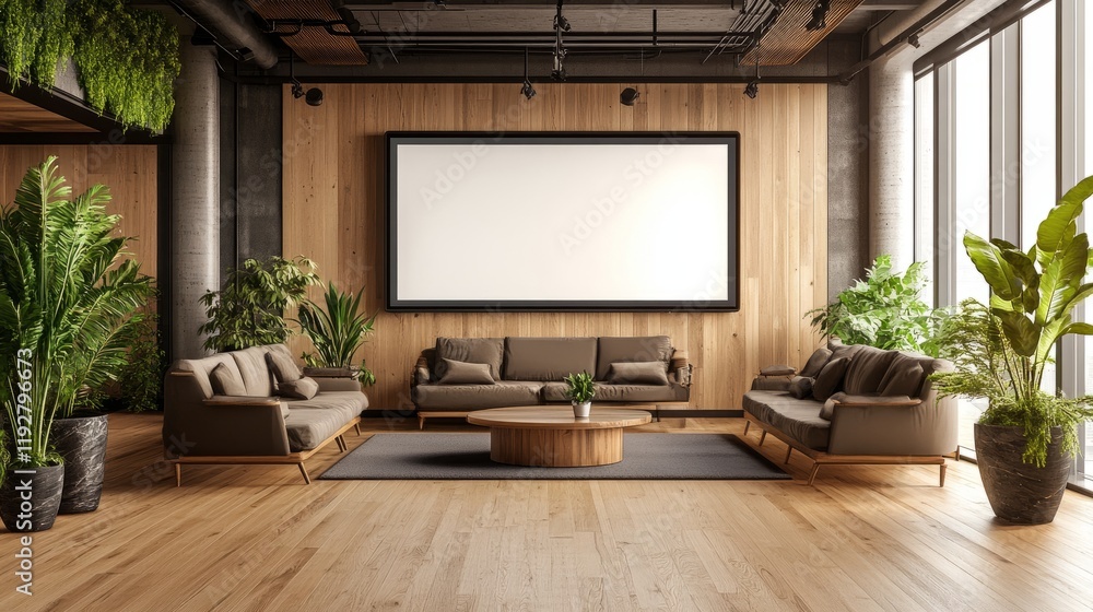 Modern office waiting area with a blank digital display, cozy sofas, a central table, green plants, and wooden flooring, creating a welcoming atmosphere Modern office waiting area with a blank digital display, cozy sofas, a central table, green plants, and wooden flooring, creating a welcoming atmosphere