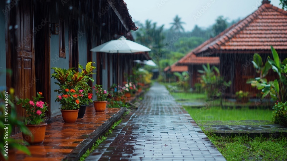 Fototapeta premium Rainy Day at Tropical Resort Cobblestone Pathway Lush Greenery and Colorful Flowers