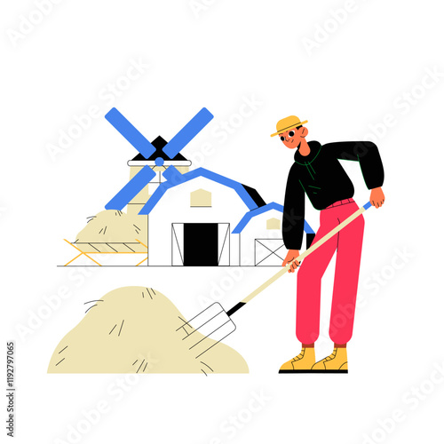 Farmer Raking Hay Near Windmill And Barn, Flat Vector Illustration Symbolizing Farming, Agriculture, And Rural Lifestyle, Isolated On White Background