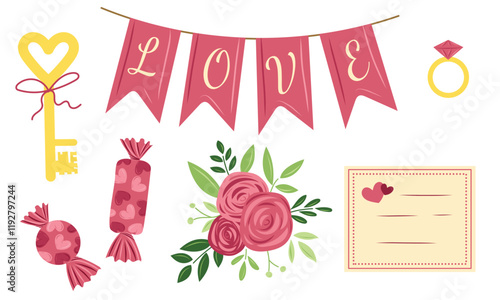 Set of decorative elements for the happy Valentines day celebration. Hand drawn vector illustration in vintage flat style. Rose flowers, love letter, engagement ring, chocolate candies, love key