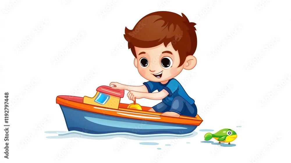 A cartoon illustration of a boy playing with a toy boat. A cartoon illustration of a boy playing with a toy boat.