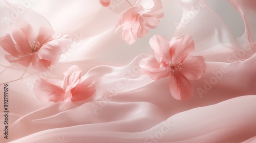 Soft Pink Flowers Embedded in Delicate Silk Fabric Background