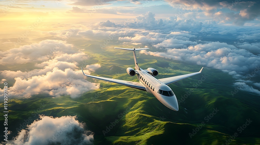 Naklejka premium Luxury jet soaring above stunning cloudscape scenic aerial view adventure