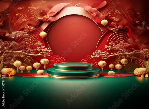 A festive scene with a green circular podium,  red and gold lanterns, and ornate paper-cut designs. Ideal for product display or celebratory backdrop. photo