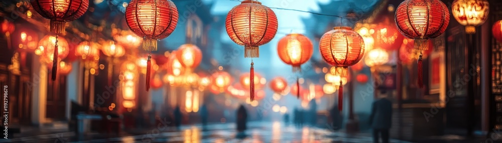 Traditional Chinese Lanterns Illuminate a Misty Street in an Ancient Town at Dusk, Creating a Warm and Inviting Atmosphere Traditional Chinese Lanterns Illuminate a Misty Street in an Ancient Town at Dusk, Creating a Warm and Inviting Atmosphere