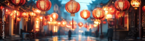 Wallpaper Mural Traditional Chinese Lanterns Illuminate a Misty Street in an Ancient Town at Dusk, Creating a Warm and Inviting Atmosphere Torontodigital.ca