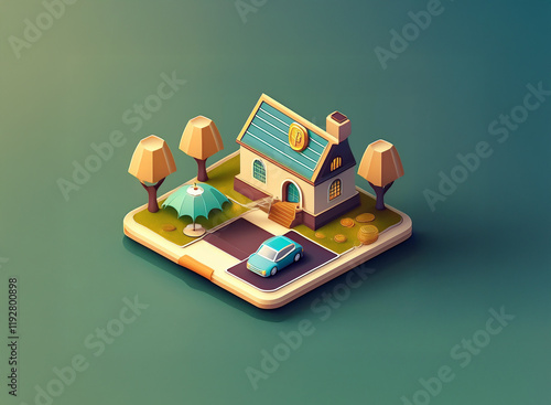 Wallpaper Mural Charming isometric illustration of a quaint house, car, and trees on a small plot.  Simple design with muted colors and low-poly style. Torontodigital.ca