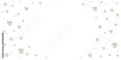 Pearls. Beads. Jewelry. Beautiful vector background. Border. Scattered pearls on a white background.