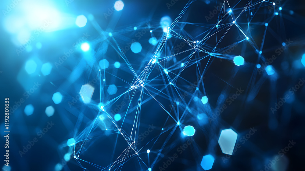 A futuristic abstract image of glowing hexagons in shades of blue and white, connected by luminous lines to form a high-tech pattern A futuristic abstract image of glowing hexagons in shades of blue and white, connected by luminous lines to form a high-tech pattern