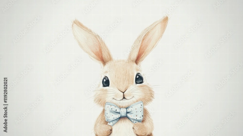 Obraz premium Cute rabbit character wearing a polka dot bow tie with a cheerful expression, designed in a charming illustration style. Generative AI