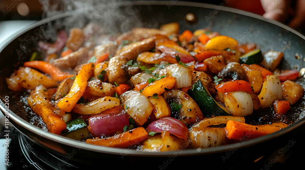 Close-up of a sizzling stir-fry with meat and assorted vegetables in a dark skillet Close-up of a sizzling stir-fry with meat and assorted vegetables in a dark skillet