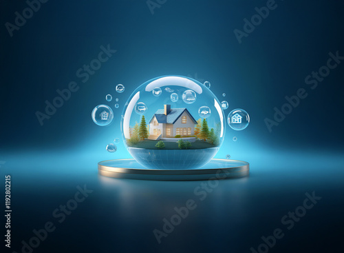 A miniature house sits inside a transparent sphere, surrounded by smaller bubbles containing various icons, representing a secure and protected smart home environment. photo