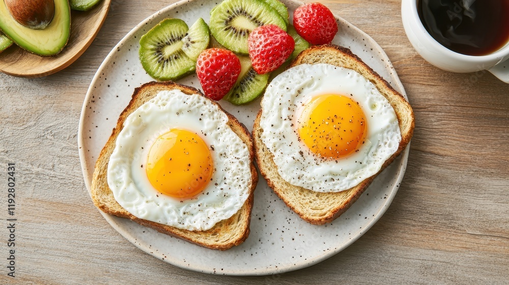 Delicious Sunny Side Up Eggs on Toast with Fresh Kiwi Strawberries Avocado Breakfast Delicious Sunny Side Up Eggs on Toast with Fresh Kiwi Strawberries Avocado Breakfast