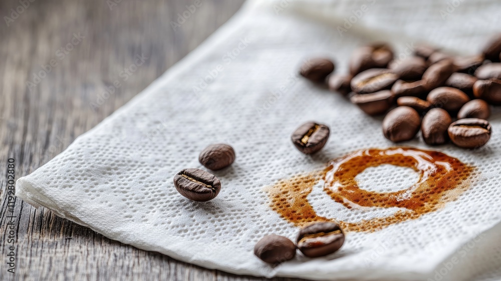 Coffee beans and coffee stain on white paper towel Coffee beans and coffee stain on white paper towel