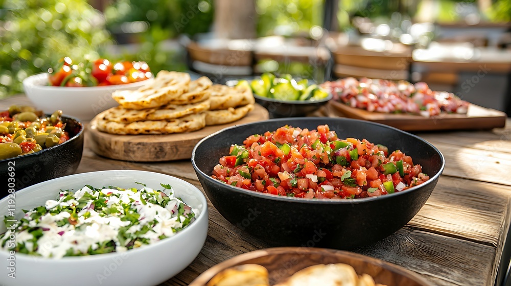 Pickle de gallo. A vibrant spread of fresh dishes, including salsas, tortillas, and salads, perfect for outdoor dining and gatherings. Pickle de gallo. A vibrant spread of fresh dishes, including salsas, tortillas, and salads, perfect for outdoor dining and gatherings.