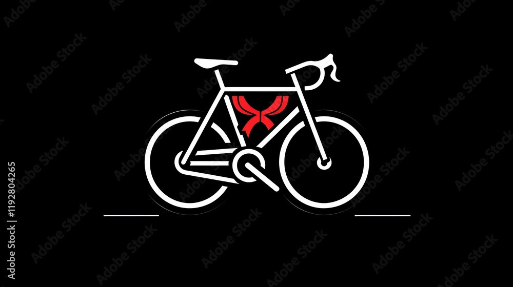 A white outline of a bicycle with a red ribbon on a black background. A white outline of a bicycle with a red ribbon on a black background.