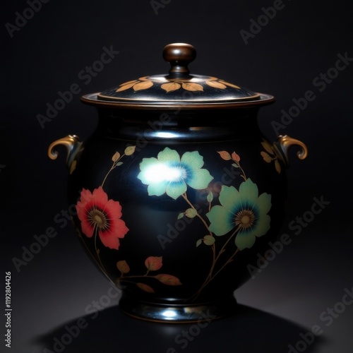 Elegant Black Porcelain Urn with Colorful Floral Design and Gold Accents