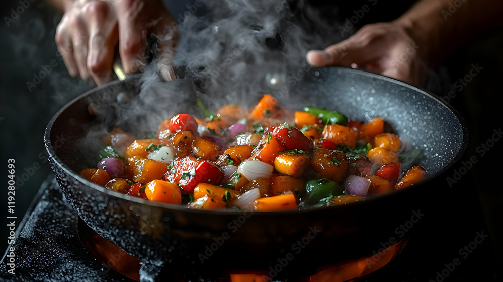 Close-up of a chef stir-frying colorful vegetables in a hot pan, steam rising, vibrant and appetizing food photography Close-up of a chef stir-frying colorful vegetables in a hot pan, steam rising, vibrant and appetizing food photography