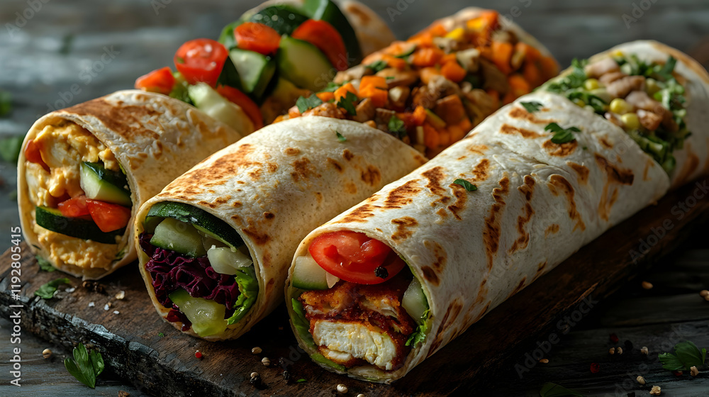 Assortment of Delicious and Healthy Wraps with Fresh Vegetables and Protein Assortment of Delicious and Healthy Wraps with Fresh Vegetables and Protein
