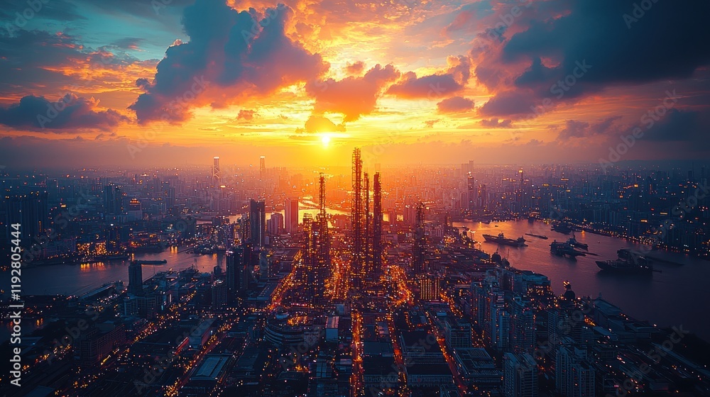 Obraz premium A stunning sunset over a bustling city skyline, with skyscrapers reflecting golden light on the river