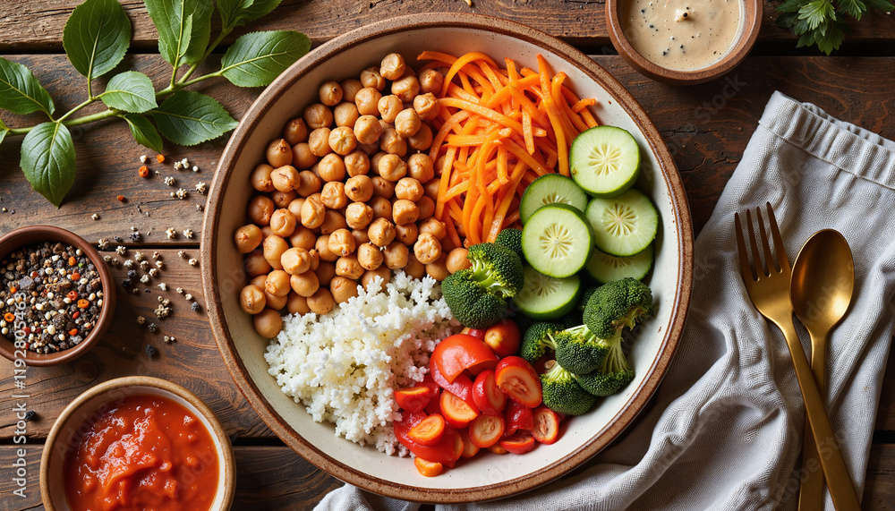 Colorful Buddha bowl with chickpeas and veggies on wooden table, healthy eating