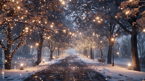 A snowy winter scene with a path lined by trees with twinkling lights.