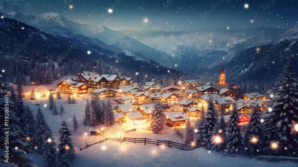 Fototapeta premium Beautiful Christmas Card Template Featuring a Realistic Snowy Village Scene with Twinkling Lights and Snowflakes Falling in the Night Sky