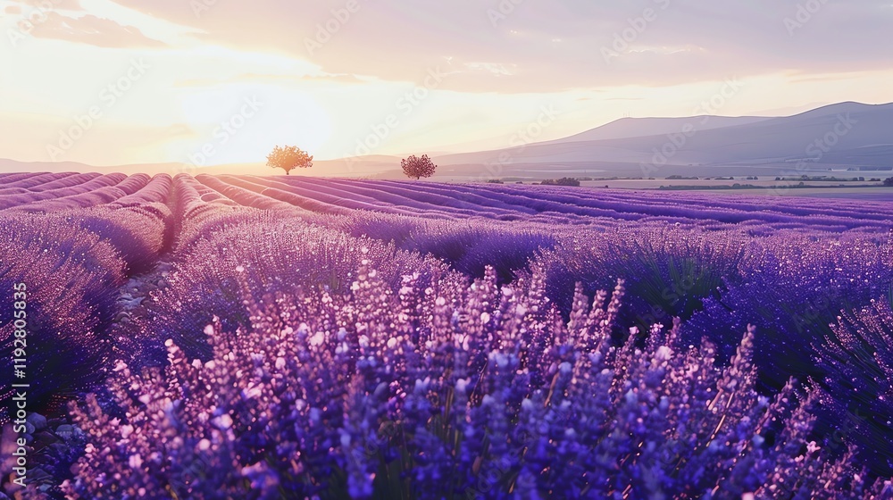 Fototapeta premium A lavender field at sunset with two trees in the middle.