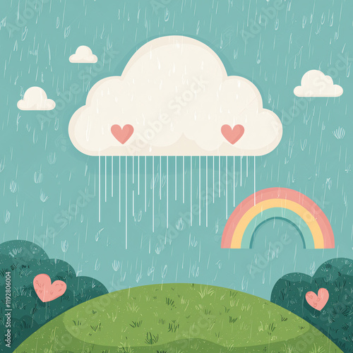 Rainy Day Love Cloud Hearts Falling on Green Hill photo