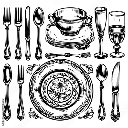 Elegant Tableware and Cutlery engraving vector