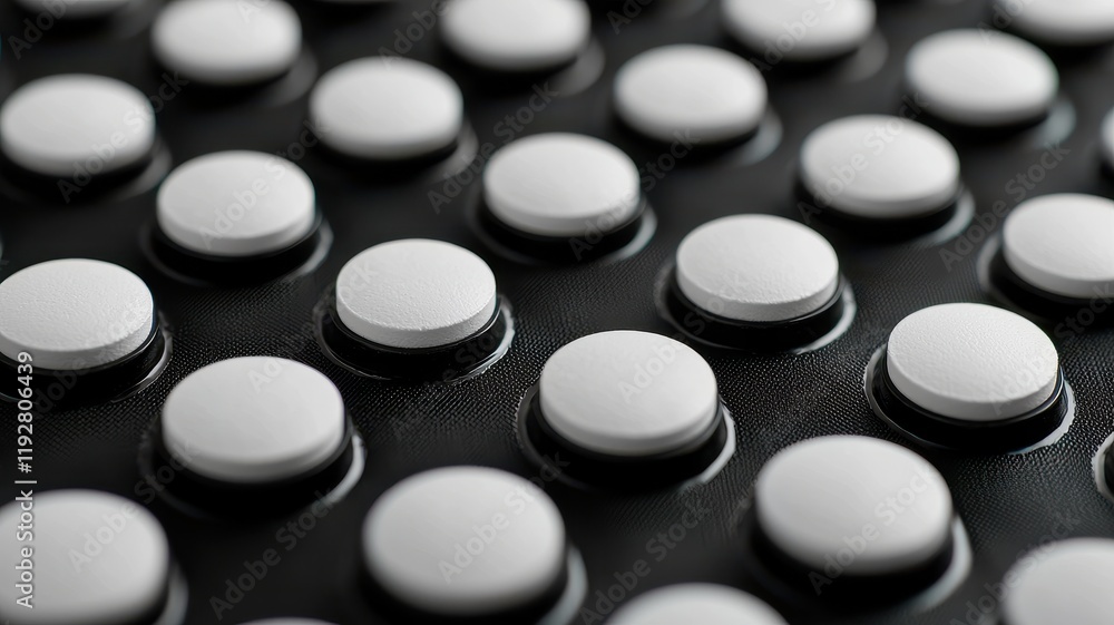 Close up of White Round Pills in Black Blister Pack Pharmaceutical Medicine Healthcare Close up of White Round Pills in Black Blister Pack Pharmaceutical Medicine Healthcare