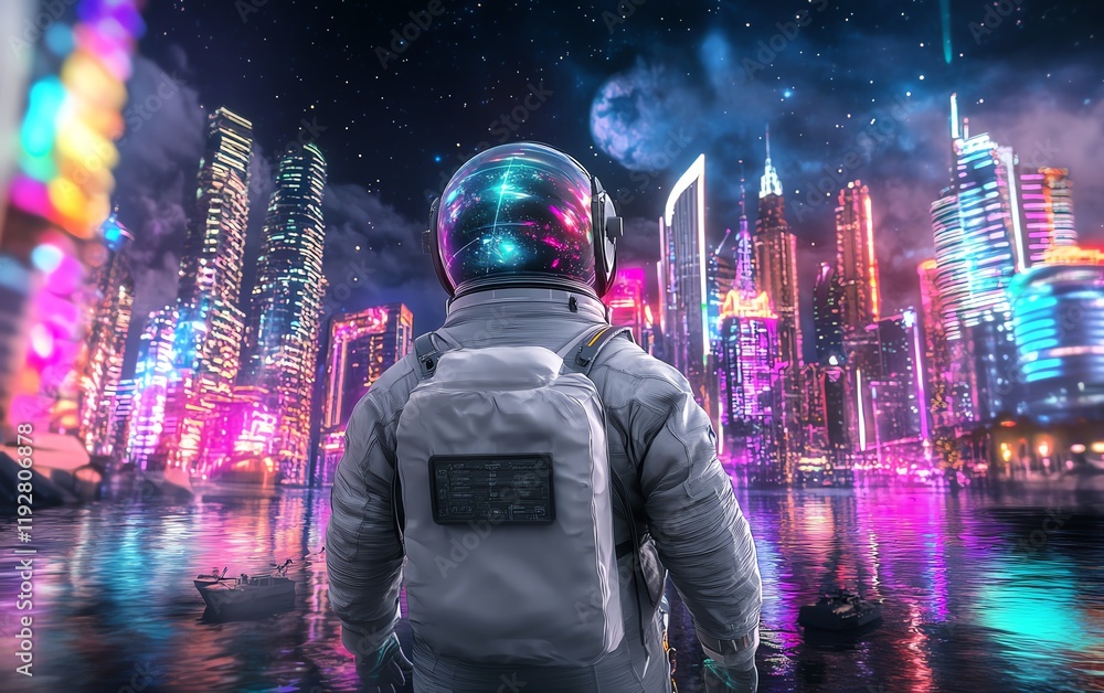 Fototapeta premium A vibrant rear view of an astronaut in a gray spacesuit