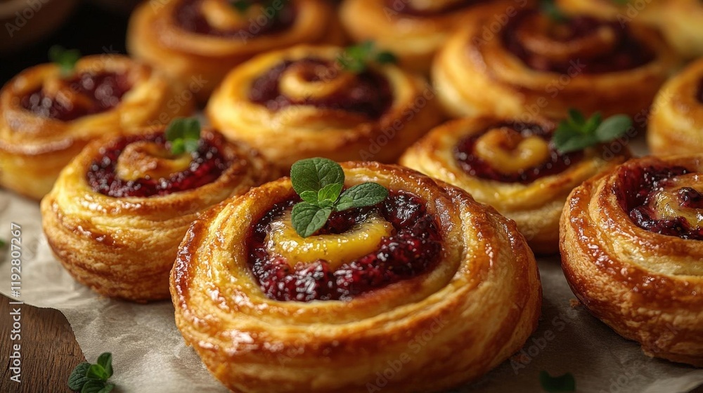 Close-up of golden brown pastries with raspberry filling and mint garnish, arranged on a wooden table Close-up of golden brown pastries with raspberry filling and mint garnish, arranged on a wooden table