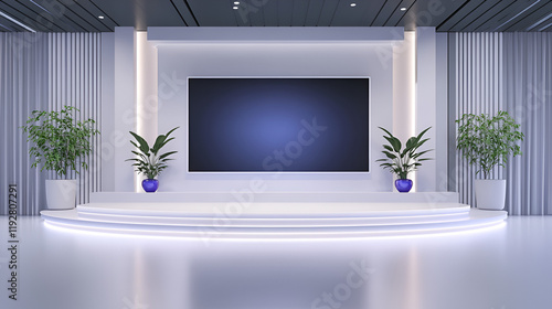A modern virtual TV studio background with white walls and large tv screen for daytime talk shows. The overall design is minimalistic and inviting with two plants and a few emerald, sapphire and amyt