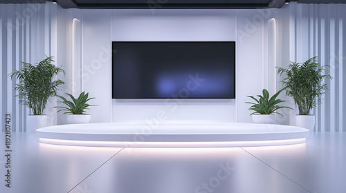 A modern virtual TV studio background with white walls and large tv screen for daytime talk shows. The overall design is minimalistic and inviting with two plants and a few emerald, sapphire and amyt