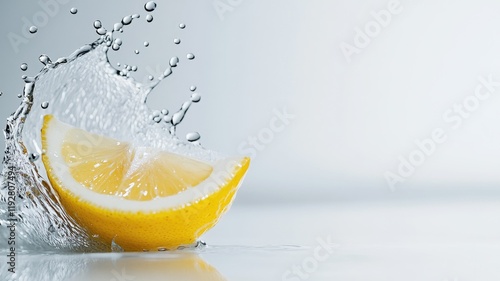 Lemon slice splashing water, freshness and cleanliness, isolated on white background photo