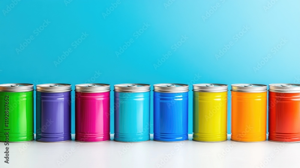 Colorful tins in row against blue background Colorful tins in row against blue background