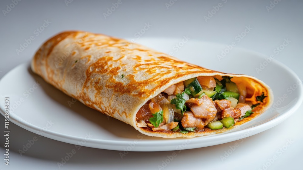 Grilled chicken wrap with fresh vegetables on white plate Grilled chicken wrap with fresh vegetables on white plate