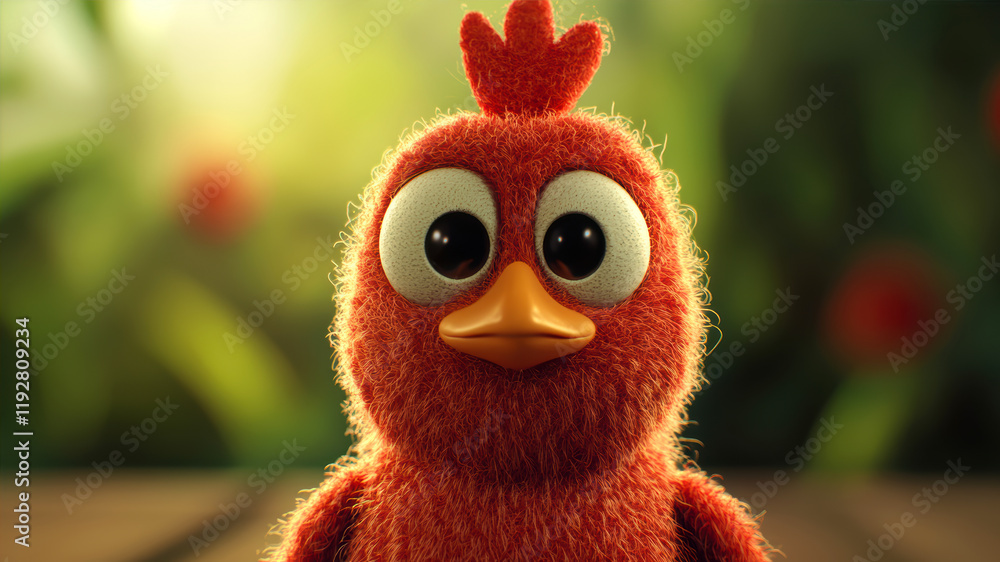Fototapeta premium Fluffy Cartoon Chicken Character Made of Wool Surrounded by a Vibrant Natural Setting