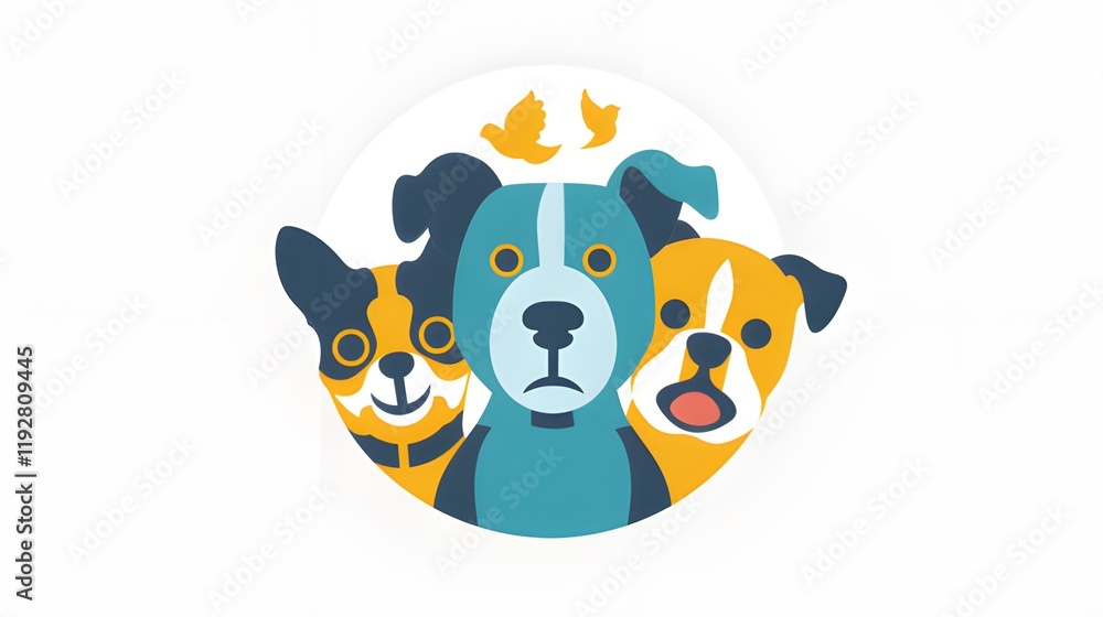 Obraz premium Friendly Vector Graphic Logo of Two Dogs and a Cat with Expressive Ears, Blue and Orange Colors, and Clouds Above. Simple Shapes for Animal Icon Design.