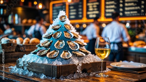 Festive seafood display resembling a tree with oysters and a glass of white wine photo